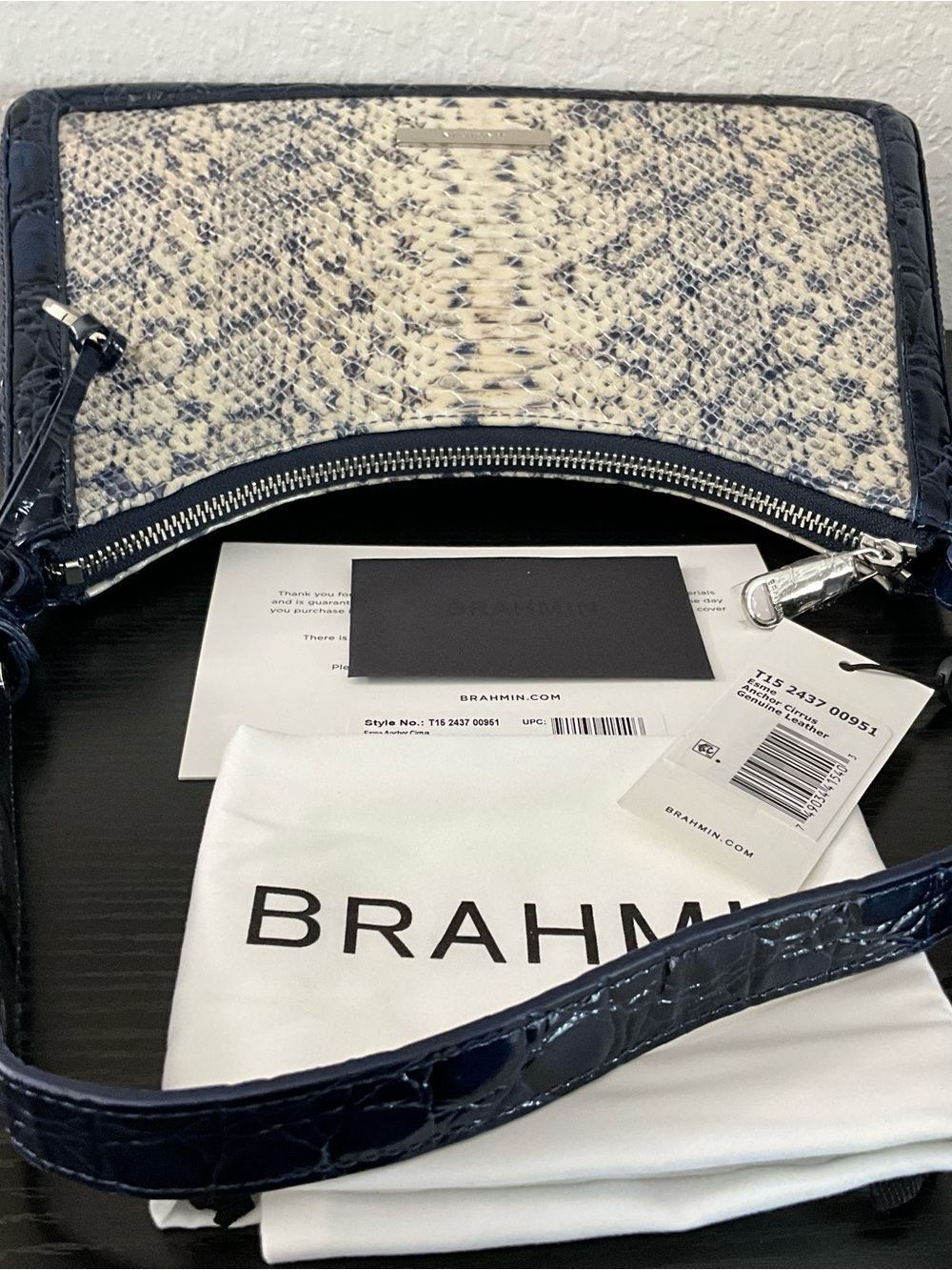 Brahmin Esme ANCHOR CIRRUS Blue & Creme Leather Shoulder Bag - Picture 7 of 9